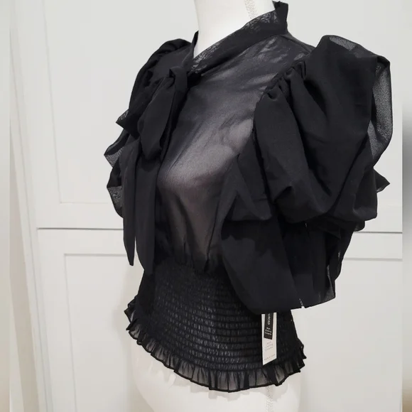 NWT Live 4 Truth Sheer Black Tie-Neck Ruffle Sleeve Top w/Smocked Waist | L - Picture 2 of 7